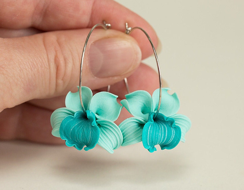 Orchid Earrings. Turquoise flower earrings. Tropical Flower