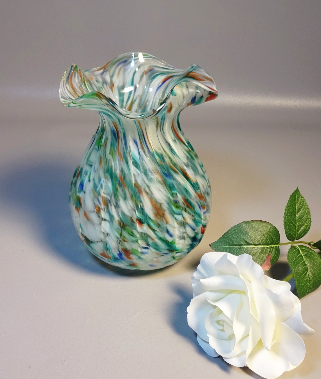 Murano Hand Blown End Of Day Art Glass Vase w/Ruffled Top