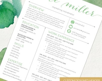 Resume Template CV Template for Word | 4 Pack + social media icons | The Kate Green| Custom Header | US Letter & A4 | Instant Download
