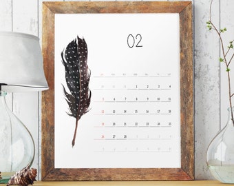 Feathers Calendar 2017, Wall calendar 2017, Wall calendar large, Yearly wall calendar Printable calendar,Monthly calendar Feather art BD7003