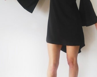 Wide Sleeves Black Cotton Jersey Minimalist Asymmetric Dress/Bell Sleeves Elegant High Low Black Women's Dress/Black Cocktail Dress