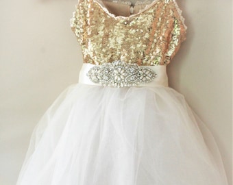 Ivory Flower Girl Dress- Gold Dress- Beige Flower Girl Dress- Gold Birthday Girl Dress