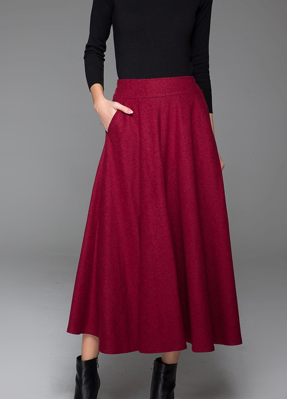 Red Wool Skirt Classic Smart Elegant Winter Warm Maxi Long