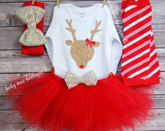 Babies First Christmas Outfit; Glitter Reindeer Outfit; Baby Girl Christmas Outfit; Christmas Tutu & Onesies® brand by Gerber®