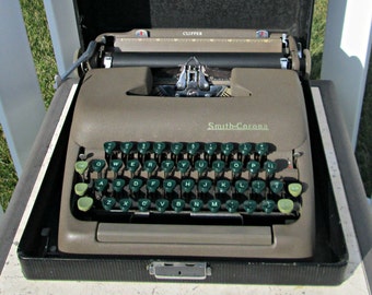Vintage Portable Typewriter with Case - Smith Corona Clipper - Brown Metal with Green Keys Typewriter