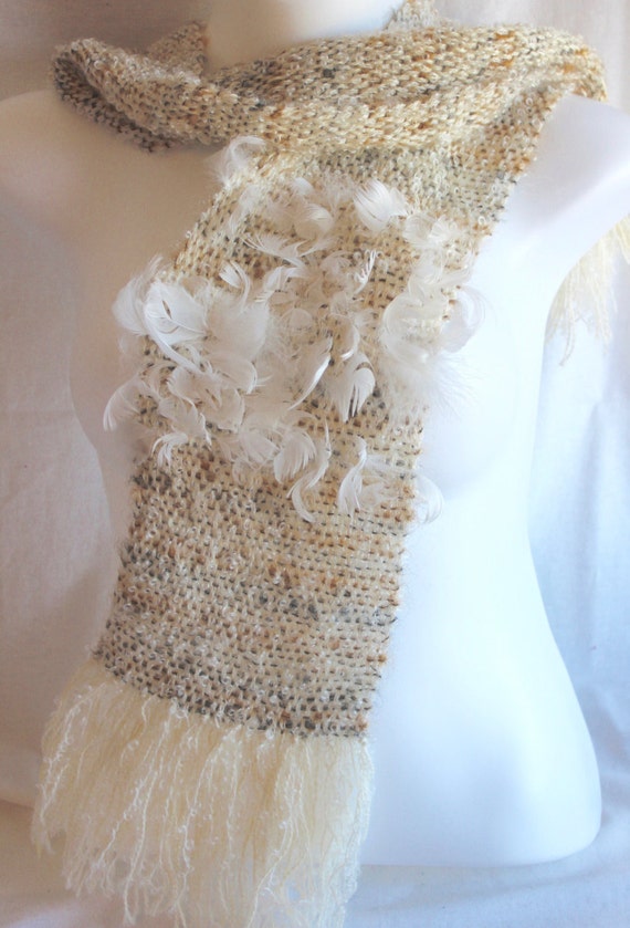 SALE Handwoven White Tweed Scarf Off White Feather Scarf