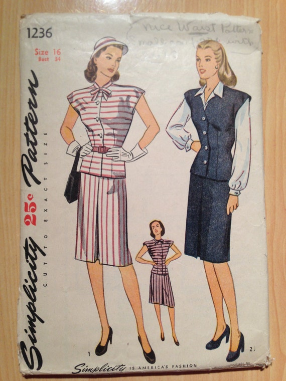 Simplicity 1236 Sewing Pattern 1940s Misses' and Women's Two Piece Dress, Jerkin and Blouse Size 16