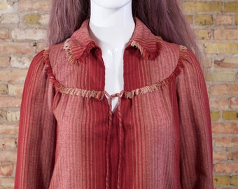 70s fringed dress / midi dress / bohemian / vertical stripe / blanket dress / burgundy / long sleeve midi