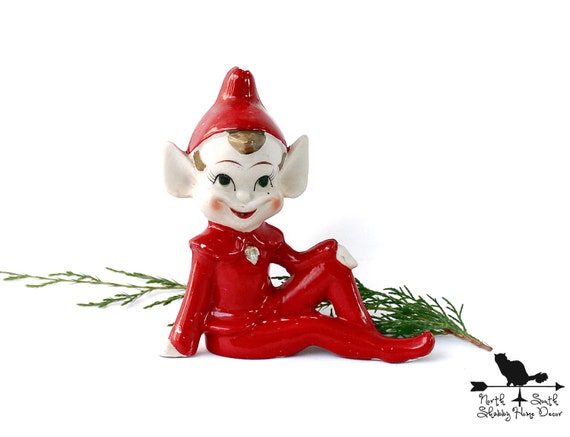 Vintage Christmas Elf, Red Porcelain Pixie, Christmas Decor, Nostalgic Holiday Collectible, Holiday Figurine 199B
