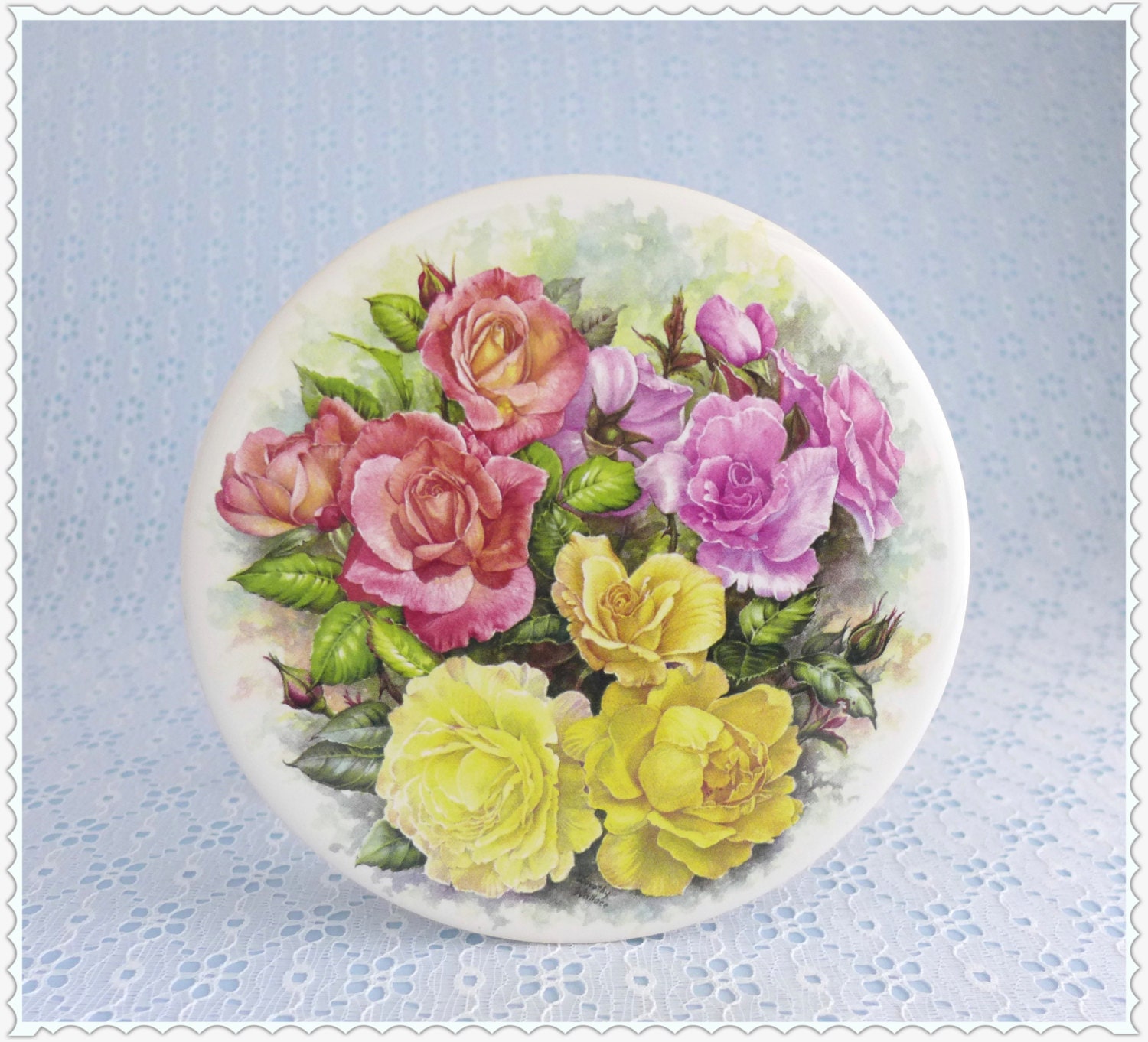 Vintage Ceramic Trivet Round Floral Trivet Pink Yellow