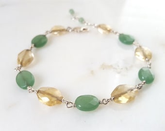 Stacking Bracelet, Multi Gemstone Station Chain, Yellow Citrine, Green Aventurine, Sterling Silver, Handmade Boho Fine Jewelry Life Bijou