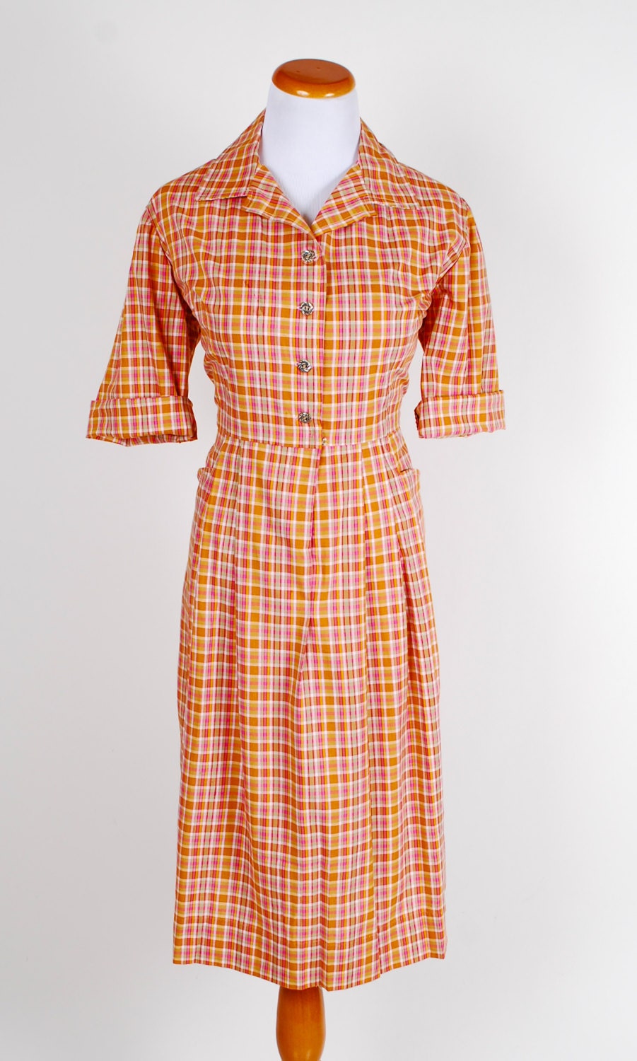 Orange Plaid 50s Day Dress Cotton Collar Short Sleeved