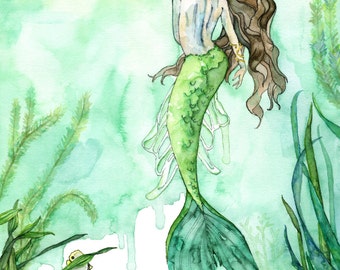 Watercolor Mermaid Painting - Print titled, "Among the Seagrass"Mermaid Painting, Beach Decor, Mermaid Tail, Mermaid Print, Mermaid Wall Art
