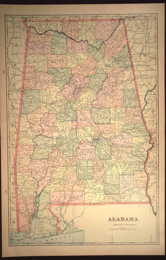 Alabama Map Alabama LARGE Antique State Early 1900s Original