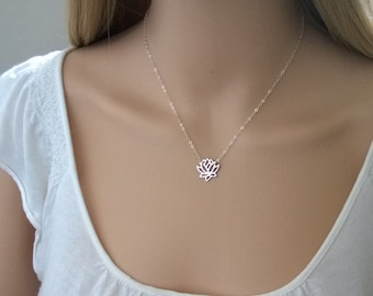 Sterling silver lotus necklace; silver lotus flower necklace; long pendant necklace; long or short layering necklace; pretty, organic design