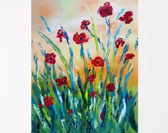 Poppy art Poppy painting Red poppies Poppy décor Abstract flower painting Original oil painting Flower wall art Red flower painting 18x24"