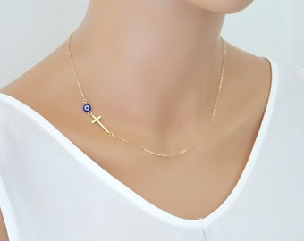 Tiny Evil eye necklace, Sideways Cross necklace, dainty Gold fill chain, Mini Evil Eye Necklace, Evil Eye Protection Jewelry