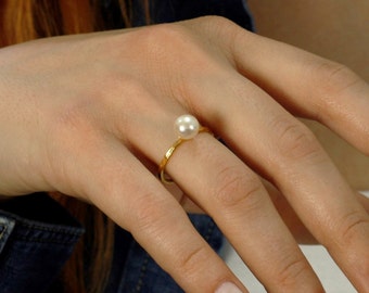 Pearl Ring, Solitaire Pearl Ring, Silver Stacking Rings, Engagement Ring, Gold Pearl Ring, 14K Solid Gold Pearl Ring, Bridal Jewelry, SR0207