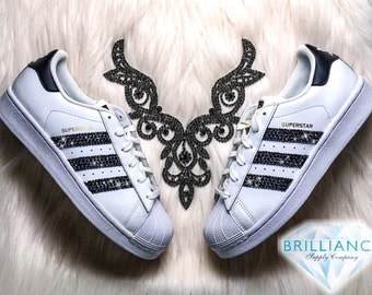 Adidas Superstar Shoes Women's - White / Black Stripes Customized with Black Swarovski® Crystals Brand New in Box Authentic Adidas Superstar