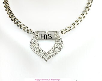 BDSM Day Collar Evening Formal Submissive Engraved HIS Princess SILVER Necklace 316L Stainless Steel Chain Lockable Swarovski Rhinest