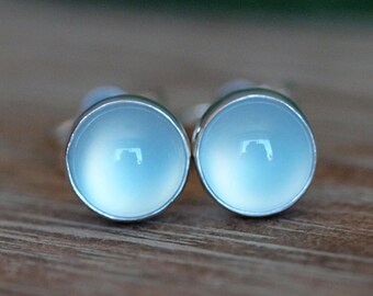 Chalcedony Gemstone Stud Earrings, 5mm Aqua Chalcedony Studs, Petite Sterling Silver Chalcedony Earrings, Blue Gemstone Studs