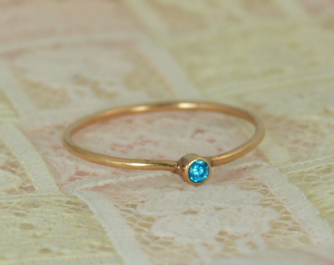 Tiny Blue Topaz Ring Set, Solid 14k Rose Gold Wedding Set, Stacking Ring, Solid 14k Gold Ring, December Birthstone, Bridal Set, Blue Topaz