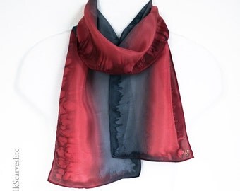 Hand painted silk scarf, Gray abstract stripe silk, Hand dyed silk headscarf, Gray Burgundy silk scarf, Gift for her, Art silk scarf