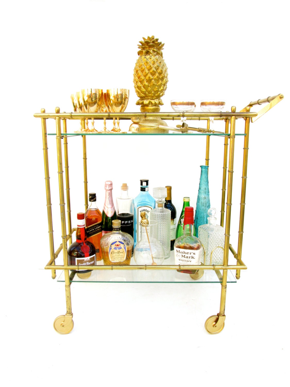 S O L D Vintage Brass Faux Bamboo Bar Cart Hollywood