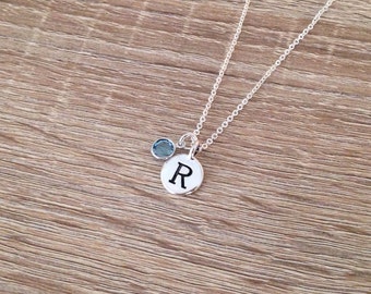 Personalised Pendant, Letter Necklace, Bridal Party Gift, Swarovski Crystal Birthstone, Disc Initial Charm, Engraved Jewelry, Antique Silver