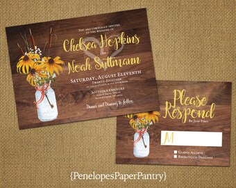 Rustic Wedding Invitation,Mason Jar,Black Eyed Susans,Cattails,Baby's Breath,Custom,Printed Invitation,Wedding Set,Optional RSVP Card