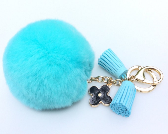 Dreamy Blue Rex Rabbit Fur Pompon bag charm pendant Fur Pom Pom keychain with flower charm and tassels