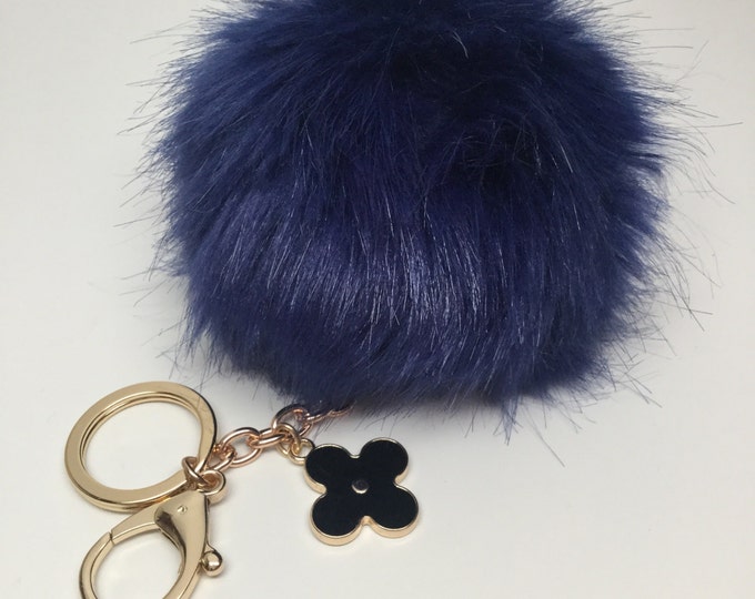 Navy Faux Rabbit Fur Pom Pom bag Keyring keychain fake ball puff