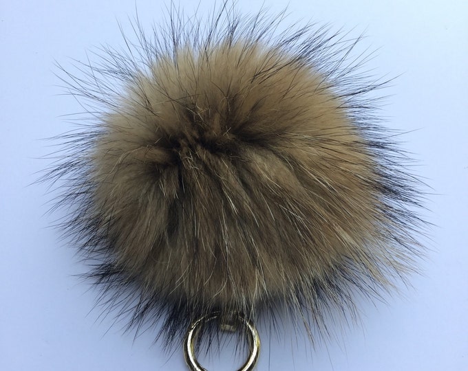 Fur pom pom keychain, bag pendant strap and clasp buckle natural no dye color tone