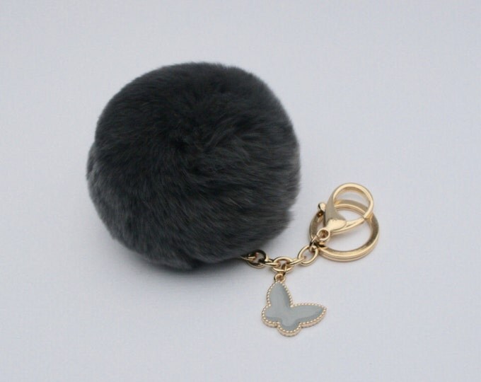 Butterfly Collection Dark Grey fur pom pom keychain REX Rabbit fur pom pom ball with butterfly charm