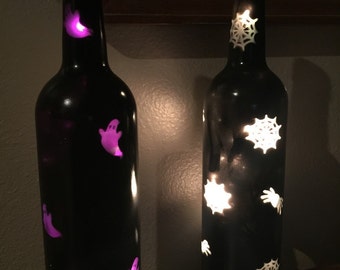 Halloween wine bottles lights Wine bottle decor Halloween decor Wine bottle lamp Fall decorations Ghosts Lighted wine bottles