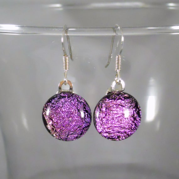 Sparkling Pink Dichroic Glass Dangle Earrings, Sterling Silver Hooks