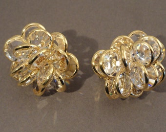 Vintage Large Swarvoski Bezel Clip Earrings, Crystal Gold Tone marked with Swan