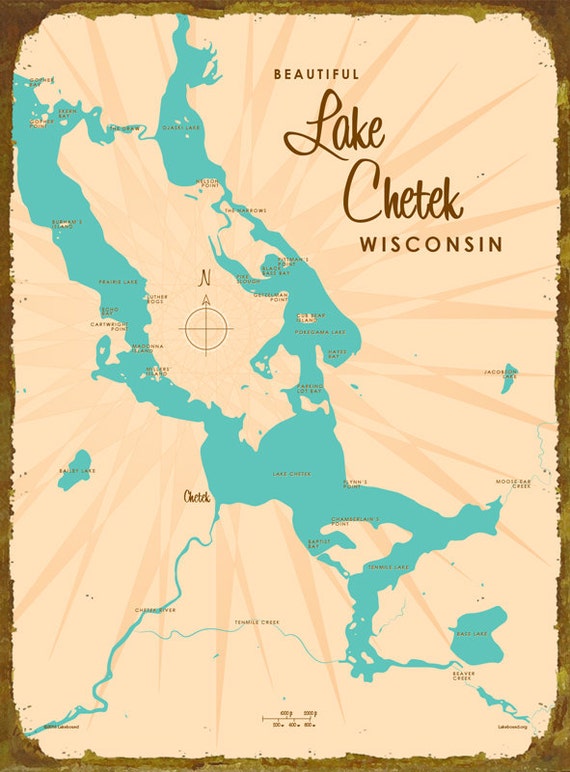 Lake Chetek WI Map Metal Sign