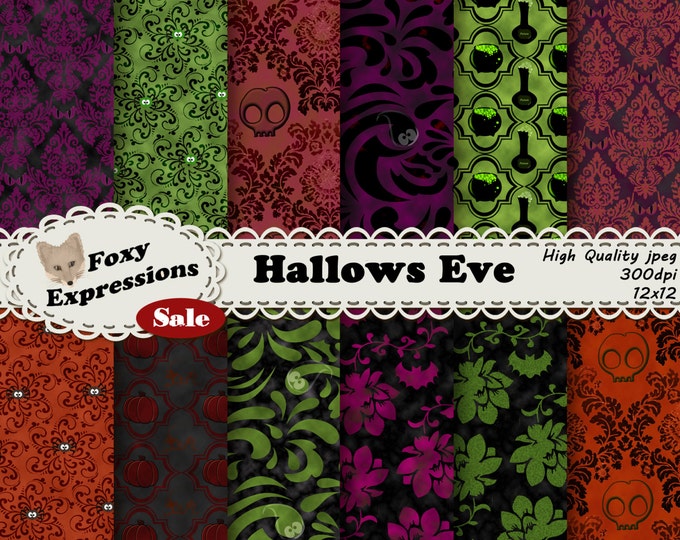 Hallows Eve Digital paper comes in chilling damask. Look closely, haunting things hide in each design like eyes, skulls, bats,spiders & more