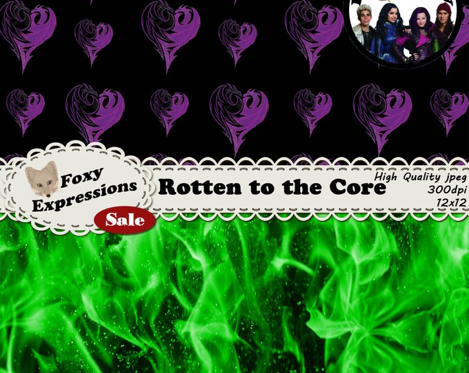 Rotten to the Core digital paper inspired by Disney Descendants. Designs include flames, thorn roses, plus Mal, Evie, Jay and Carlos symbols