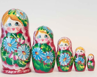 Nesting doll Deasies on Vinous Red / Flowers Russian matryoshka dolls - kod426p