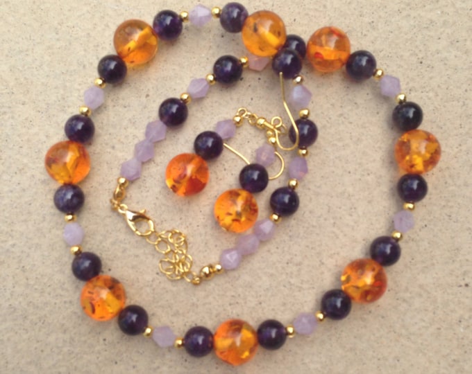 Amber amethyst agate jewellery set, amber jewelry, amethyst jewelry, agate jewellery, amber necklace, amber earrings