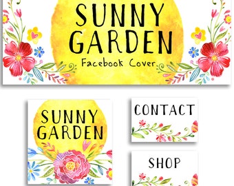 Facebook cover photo set social media header profile pic modern watercolor graphics flowers sunny garden bright colors