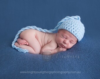 Pale Blue Sleeper Hat / Newborn Photography Prop / Baby Boy Hat With Long Tail