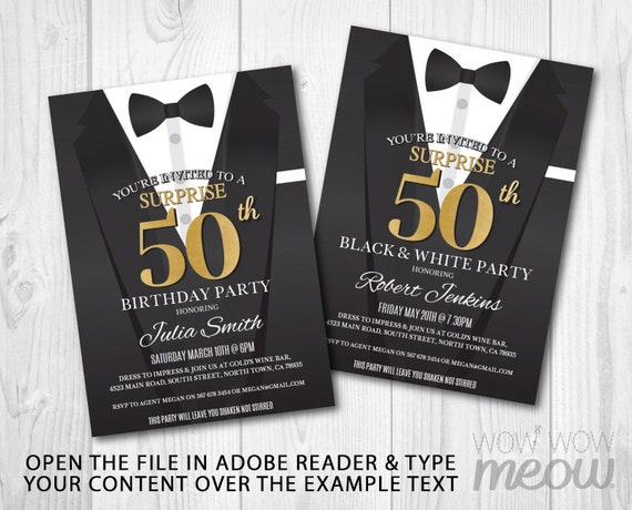 50th Birthday Invite Invitation FIFTY Black Tie Elegant Secret