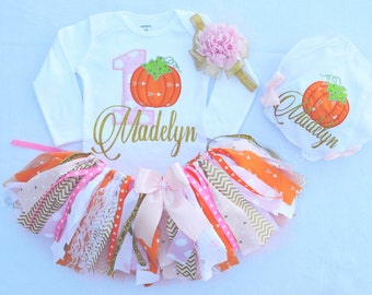first birthday outfit girl,fall first birthday,pumpkin birthday outfit,pink gold orange fabric tutu,1st birthday tutu,cake smash outfit girl