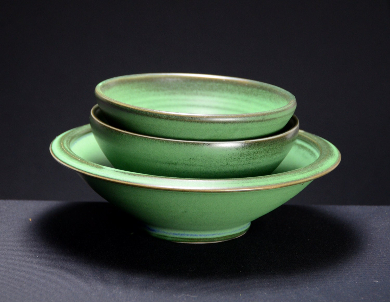 Green Ceramic Serving Bowl Set Hand Thrown Porcelain Pottery
