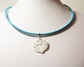 Blue Leather Necklace with Rabbit Lace Mother of Pearl Shell Pendant.