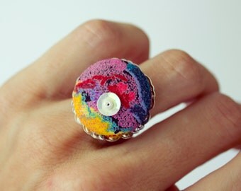 Adjustable colorful fabric covered Button Ring