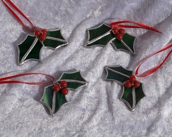 Three, stunning stained glass holly Christmas decoration